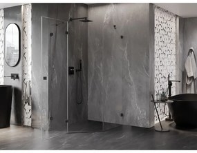 Mexen Lunar, päťuholníkový sprchový kút s ľavým sklonom 90 x 100 cm, 8mm číre sklo, čierny profil, 831-090L-100P-70-00-L