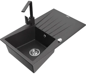 Mexen Cesar, granitový drez 775x470x190 mm, 1-komorový, čierna škvrnitá s chrómovým sifónom a čierna škvrnitá drezová batéria Rita, 6514-76-670300-76