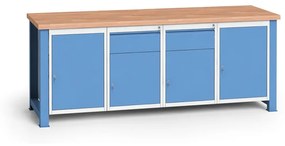 Dielenský stôl KOVONA, 4 závesné skrinky a 2 zásuvky na náradie, buková škárovka, pevné nohy, 2100 mm