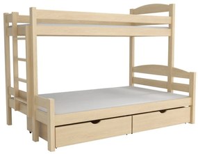 Detská poschodová posteľ z masívu borovice s rozšíreným spodným lôžkom SAVANA so šuplíkmi - 200x90/140 cm - PRÍRODNÁ BOROVICA
