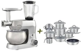 MEGAKOMBO Multifunkčný kuchynský robot BestBerg BBR-1900S + 15dielna sada nerezových hrncov a nepriľnavých panvíc BestBerg BBSC-15 / strieborná
