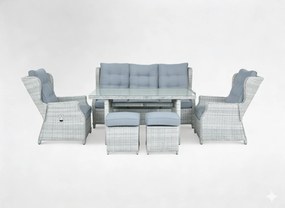 Garden Line SÚPRAVA ZÁHRADNÉHO NÁBYTKU Z HLINÍKA A RATANU (SOFA + STÔL + 2 KRESLÁ + 2 TABURETY) ŠEDÁ + ŠEDÉ VANKÚŠE *0404