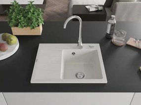 Mexen Ben, 1-komorový granitový drez 600x500x190 mm, pravý + chrómový sifón, biela, 6523605000-20