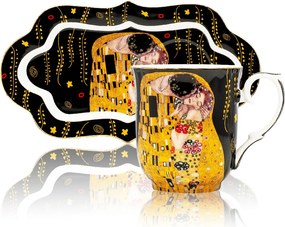 HOME ELEMENTS Porcelánový hrnček 360 ml, s podšálkou, Klimt, tmavý
