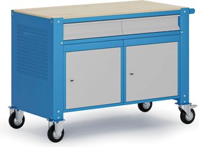 Pojazdný dielenský stôl G9, 2 skrinky, 2 zásuvky, 1180 x 595 x 865-1130 mm, sivá/modrá