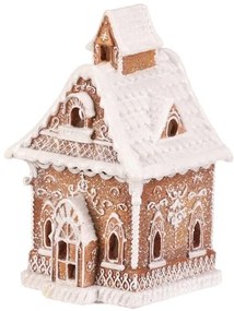 Vianočná dekorácia Perníkový domček so zasneženou strechou, polyresin, LED, hnedá