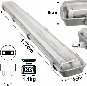 Hermetické svietidlo 120cm lampa + 2x LED trubice Vodotesné 6000K studená teplota