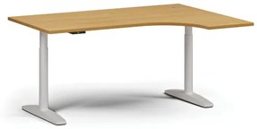 Výškovo nastaviteľný stôl OBOL, elektrický, 675-1325 mm, rohový pravý, doska 1600x1200 mm, biela zaoblená podnož, buk