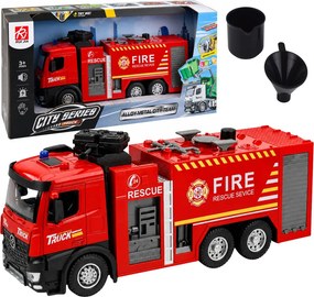 LEAN Toys Hasičské auto s funkciou striekania vody, kovová kabína, svetlá, zvuky, mierka 1:12