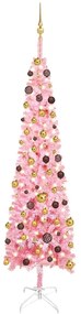 Úzky vianočný stromček s LED a sadou gulí ružový 240 cm 3078028