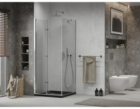 Mexen Lima, sprchový kút so skladacími dverami 80 (dvere) x 80 (stena) cm, 6mm číre sklo, chrómový profil + slim sprchová vanička čierna + chrómový sifón, 856-080-080-01-00-4070