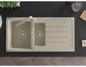 Mexen Andres, granitový drez 1000x500x200 mm, 1,5-komorový, béžová s chrómovým sifónom a béžová drezová batéria Rita, 6515-69-670300-69