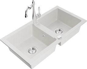 Mexen Mario, granitový drez 820x436x161 mm, 2-komorový a drezová batéria Carla, biela, 6504-20-670700-00