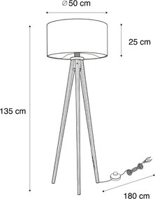 Stojacia lampa orechové drevo trojnožka s hnedým a béžovým pruhovaným tienidlom 50cm - Tripod Classic