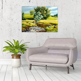 Sklenený obraz - Rieka medzi lúkami, olejomaľba (70x50 cm)