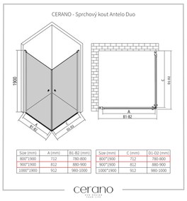CERANO - Sprchovací kút Antelo Duo L/P - čierna matná, transparentné sklo - 90x80 cm - krídlový, CER-CER-480397