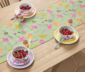 Behúň na stôl, šalviový s kvetinovou potlačou