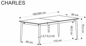 Jídelní rozkládací stůl Charles 180/260 cm šedý mramor/černý