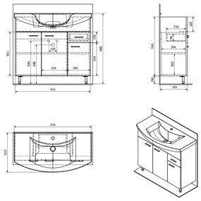 Aqualine Aqualine, ZOJA umývadlová skrinka 93x74x34cm, biela, 51094A