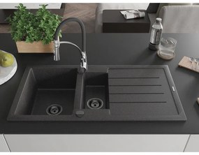 Mexen Andres, 1,5-komorový granitový drez 1000x500x200 mm a drezová batéria Aster, čierna škvrnitá, 6515-76-73450-07-B