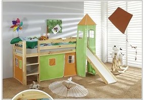 Detská vyvýšená posteľ so šmýkačkou DOMČEK zelenooranžovom - PRÍRODNÉ