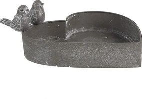 Šedý plechový kvetináč v tvare srdca s vtáčikmi - 19*17*7cm