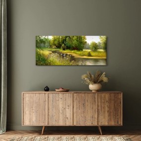 Obraz - Rieka pri lese, olejomaľba (120x50 cm)