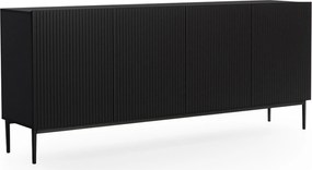 Čierna matná komoda Nicole 200 cm so štyrmi dverami a ryhovaným čelom - čierne nožičky
