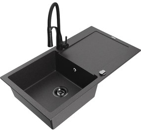 Mexen Leo, granitový drez 900x500x190 mm, 1-komorový a drezová batéria Aster, čierna škvrnitá, 6501-76-73450-70-B