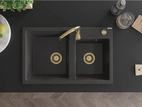 Mexen Tomas, granitový drez 800x500x190 mm, 2-komorový, čierna škvrnitá so zlatým sifónom, 6516802000-76-G