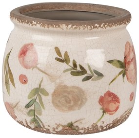 Béžový keramický obal na kvetináč s ružovými kvetmi Olia M - Ø 16*13 cm