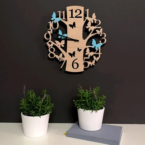 AMADEA Drevené hodiny nástenné okrúhle v tvare stromu s farebnými motýľmi, masívne drevo, priemer 30 cm