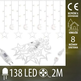 Vianočná led svetelná záclona vonkajšia - hviezdy a mesiace - programy - 138led - 2m teplá biela