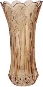Karamelově hnědá skleněná váza s reliéfem tulipánů Delight - Ø 10*20 cm