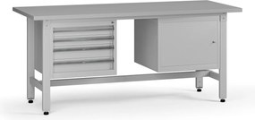 Výškovo nastaviteľný dielenský stôl G5, 1800 x 750 x 800-1000 mm, 1x skrinka, 4 zásuvky, sivá