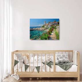 Sklenený obraz - Malebné pobrežie dediny (70x50 cm)