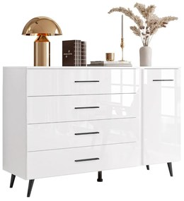 KOMODA MARION III BIELA VYSOKÝ LESK LED + ČIERNE NOŽIČKY