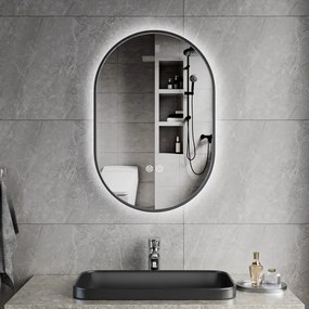 Erga Freya, oválne LED zrkadlo 40x60cm v čiernom kovovom ráme, 3 farby svetla, zadné osvetlenie, vyhrievacia podložka proti zapareniu, ERG-V01-FREYA-4060-BK