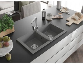Mexen Mario, granitový drez 820x436x161 mm, 2-komorový, šedá s chrómovým sifónom a chrómová drezová batéria Rita, 6504-71-670300-00