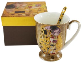 HOME ELEMENTS Porcelánový hrnček s lyžičkou 280 ml, Klimt Bozk zlatý