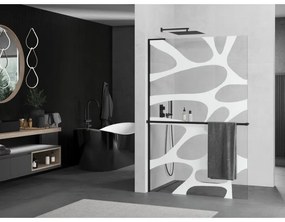 Mexen Kioto+ L, sprchová zástena Walk-In s poličkou a vešiakom 70 x 200 cm, 8mm číre sklo biely vzor, čierny profil, 800-070-123-70-97