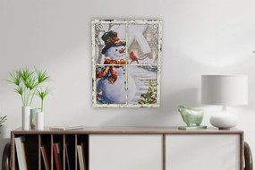 Nástenná maľba Snehuliak v okne, 3 LED diódy, 49 x 38,5 cm