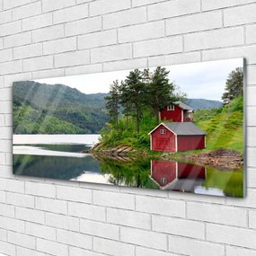 Obraz na akrylátovom skle Hory dom jazero príroda 125x50 cm