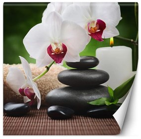 Fototapeta, Orchidejová svíčka a zenové kameny v lázních - 150x150 cm