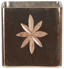 Hnedý sklenený svietnik na čajovú sviečku s vyrytú kvetinou - 10 * 10 * 10 cm