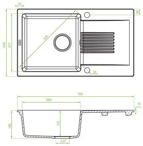 Laveo Celia, 1-komorový granitový drez 760x440x185 mm s dlhým odkvapkávačom, čierna, LAV-SBC_711T