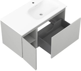 Mexen Rivel, kúpeľňová skrinka 90 cm s pravým umývadlom Vela, 1S, 1D, drážkovaná, sivá matná/biela matná - 91A23-09047-3-BBFF62-W23P01