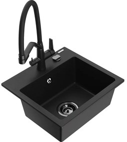 Mexen Milo, granitový drez 435x410x171 mm, 1-komorový a drezová batéria Duo, čierna, 6505-77-671701-70-B