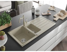 Mexen Andres, granitový drez 1000x500x200 mm, 1,5-komorový a drezová batéria Carla, béžová, 6515-69-670700-69
