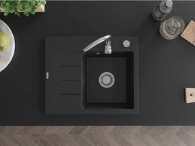Mexen Ben, 1-komorový granitový drez 600x500x190 mm, pravý + chrómový sifón, čierna-strieborná metalíza, 6523605000-73
